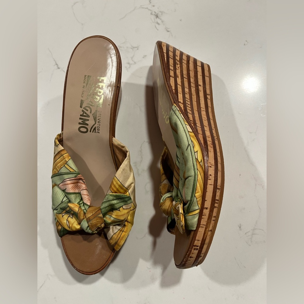 Salvatore Ferragamo Multicolor Silk Knot Wedge Slides - Green, Yellow, Brown - Picture 4 of 8